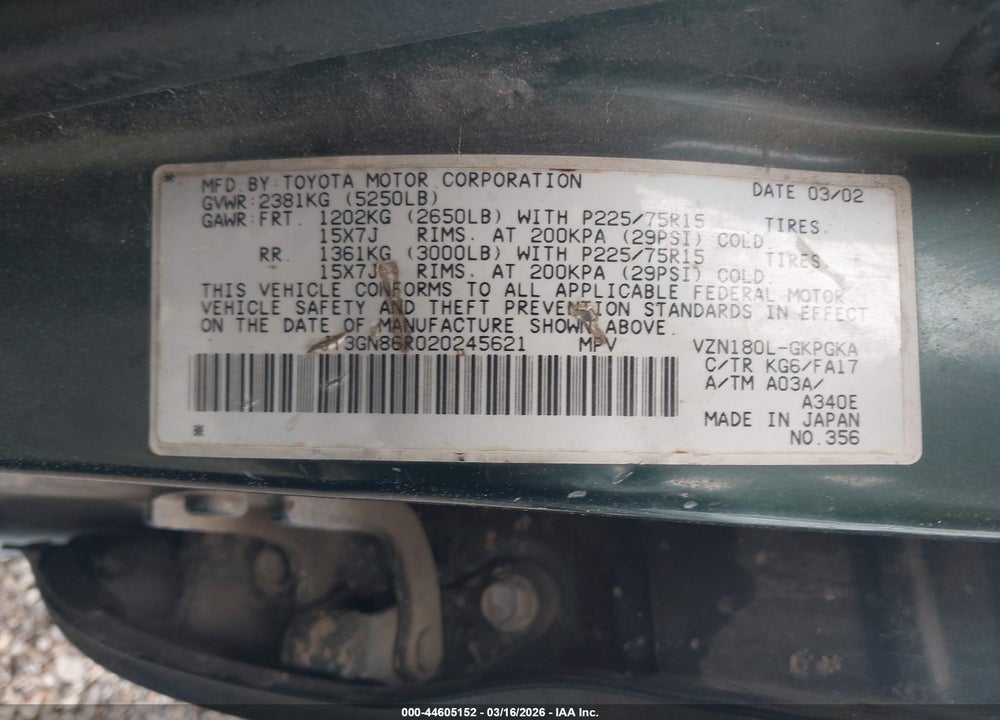 2002 TOYOTA 4RUNNER SR5 V6 VIN: JT3GN86R020245621