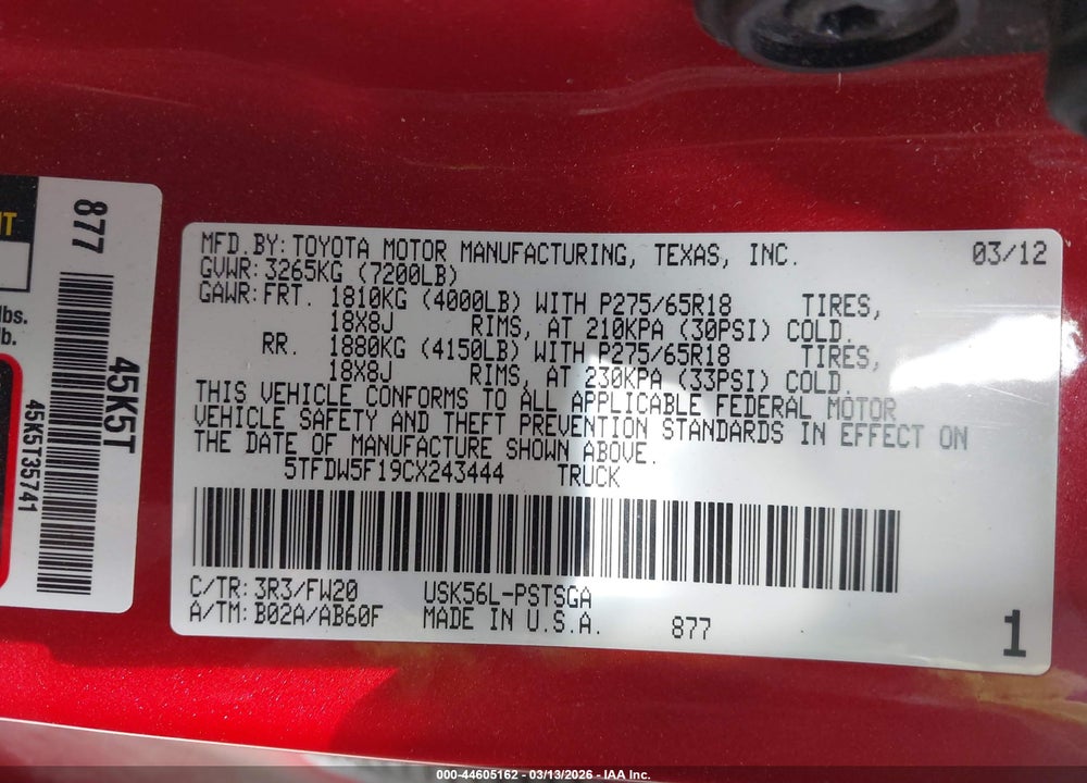 2012 TOYOTA TUNDRA GRADE 5.7L V8 VIN: 5TFDW5F19CX243444