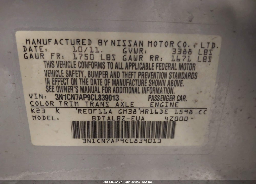 2012 NISSAN VERSA 1.6 SV VIN: 3N1CN7AP9CL839013