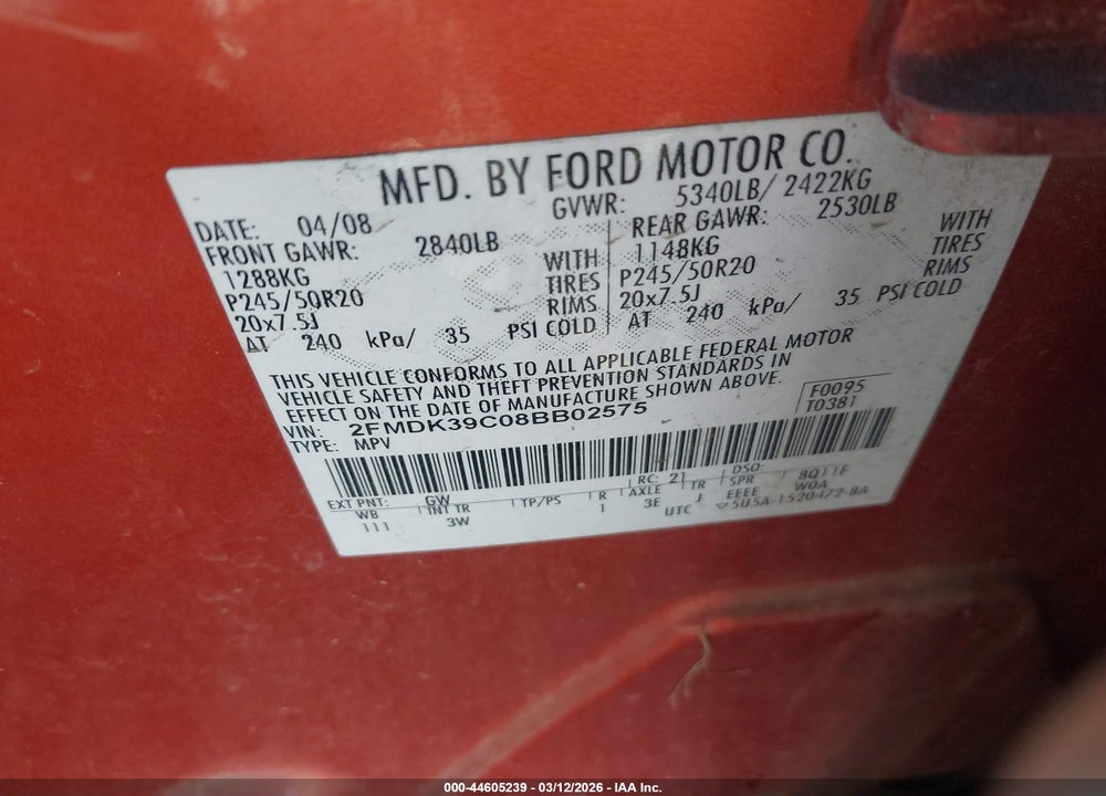 2008 FORD EDGE LIMITED VIN: 2FMDK39C08BB02575