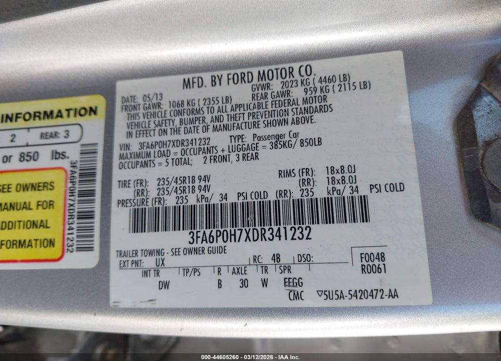 2013 FORD FUSION SE VIN: 3FA6P0H7XDR341232