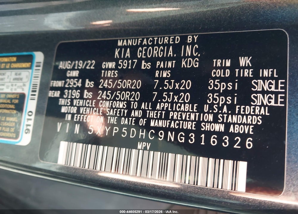 2022 KIA TELLURIDE SX VIN: 5XYP5DHC9NG316326