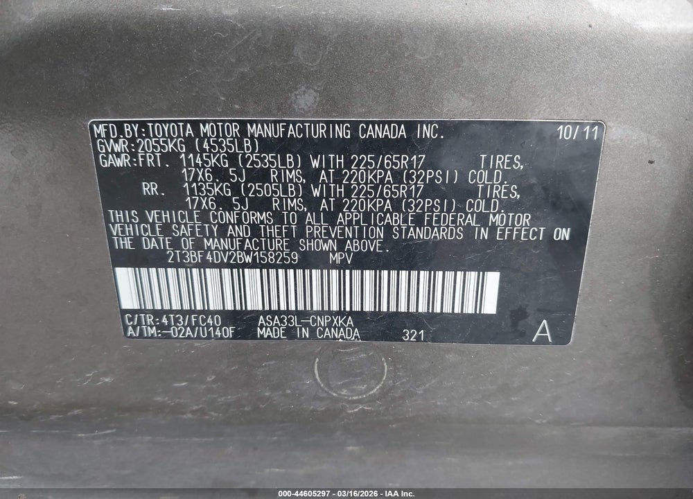 2011 TOYOTA RAV4 VIN: 2T3BF4DV2BW158259