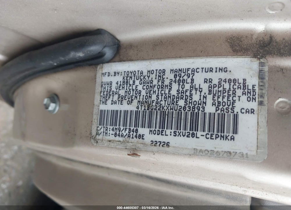 1998 TOYOTA CAMRY LE VIN: 4T1BG22KXWU203893
