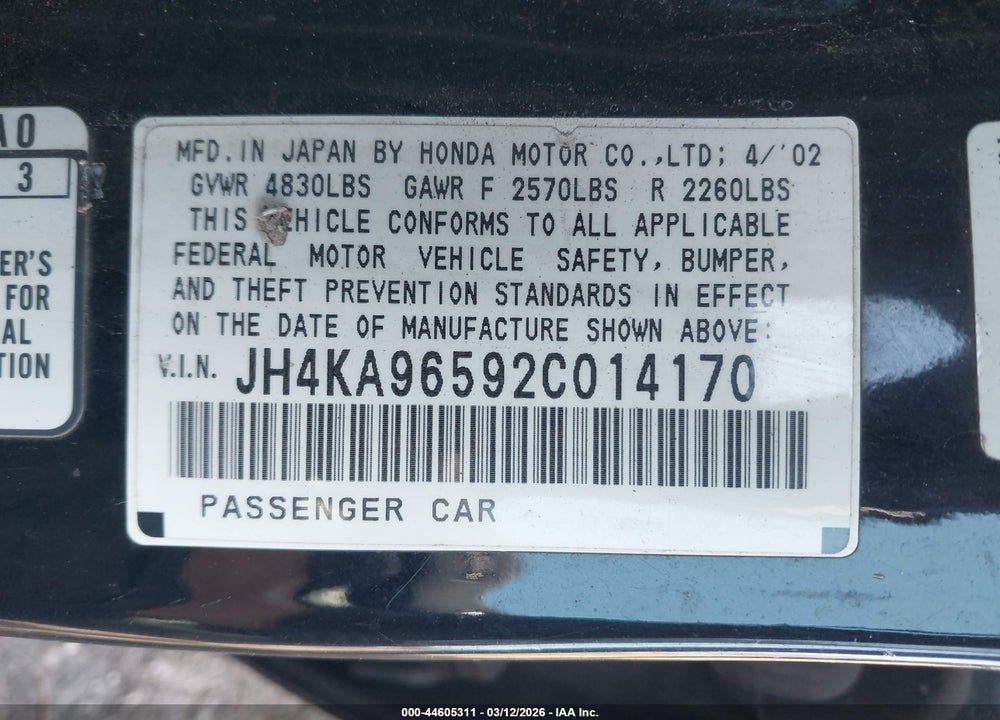 2002 ACURA RL 3.5 VIN: JH4KA96592C014170