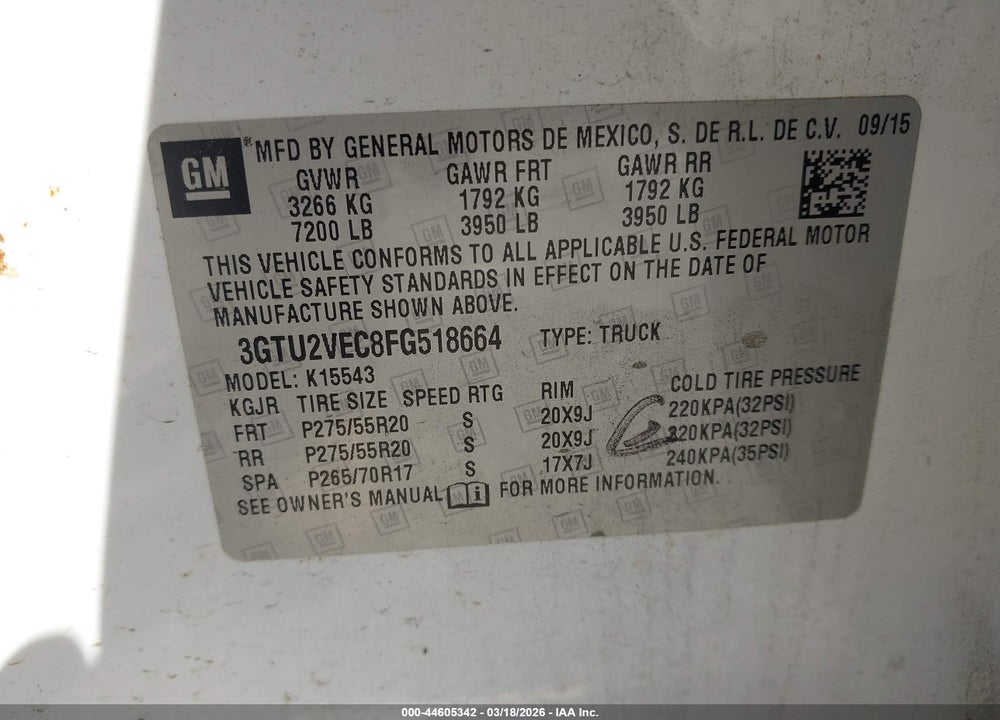 2015 GMC SIERRA 1500 SLT VIN: 3GTU2VEC8FG518664