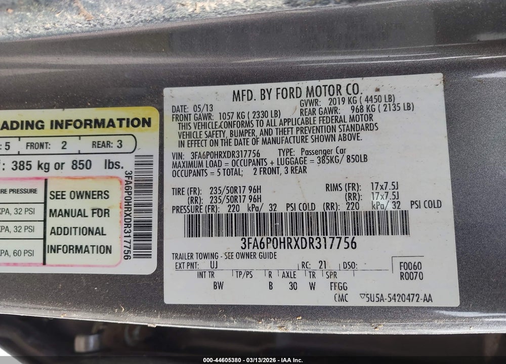 2013 FORD FUSION SE VIN: 3FA6P0HRXDR317756