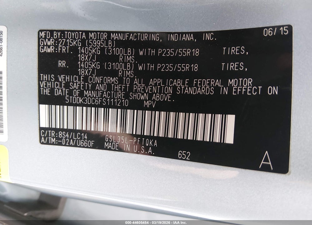 2015 TOYOTA SIENNA XLE PREMIUM 7 PASSENGER VIN: 5TDDK3DC6FS111210