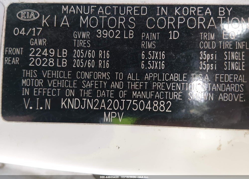 2018 KIA SOUL VIN: KNDJN2A20J7504882