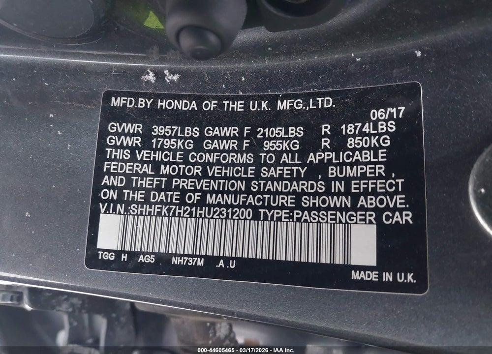 2017 HONDA CIVIC LX VIN: SHHFK7H21HU231200