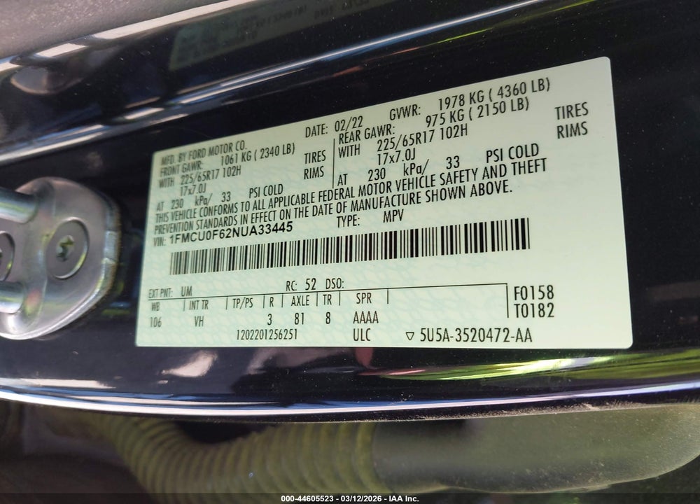 2022 FORD ESCAPE VIN: 1FMCU0F62NUA33445