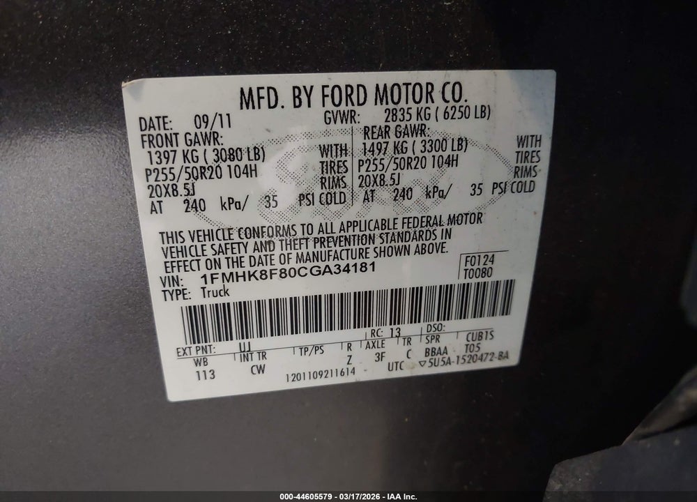 2012 FORD EXPLORER LIMITED VIN: 1FMHK8F80CGA34181