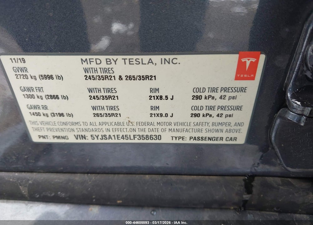 2020 TESLA MODEL S PERFORMANCE DUAL MOTOR ALL-WHEEL DRIVE VIN: 5YJSA1E45LF358630