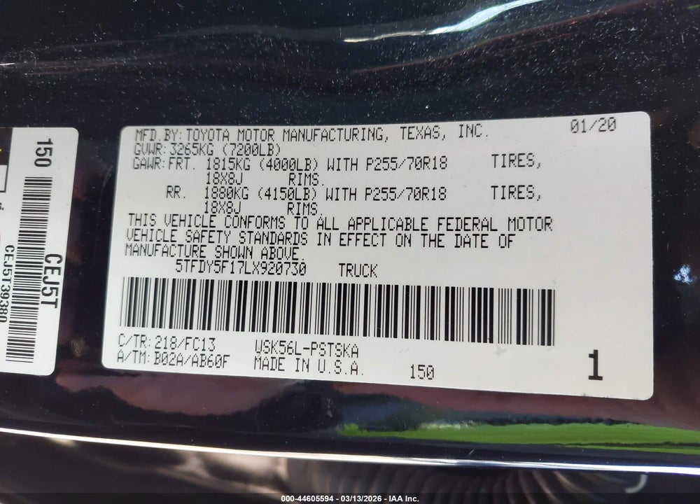 2020 TOYOTA TUNDRA SR5 VIN: 5TFDY5F17LX920730