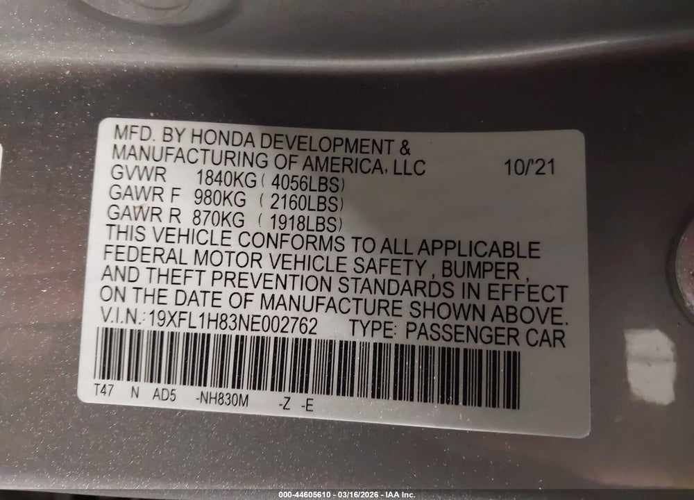 2022 HONDA CIVIC SPORT TOURING VIN: 19XFL1H83NE002762