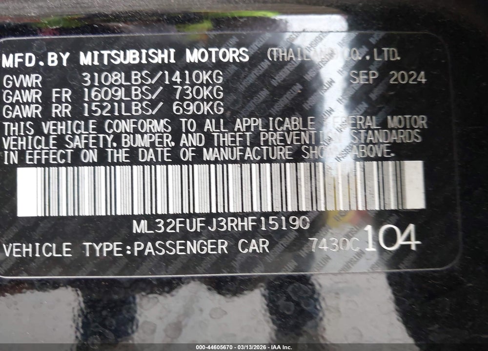 2024 MITSUBISHI MIRAGE G4 BLACK EDITION VIN: ML32FUFJ3RHF15190