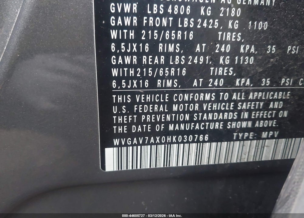 2017 VOLKSWAGEN TIGUAN 2.0T/2.0T S VIN: WVGAV7AX0HK030766