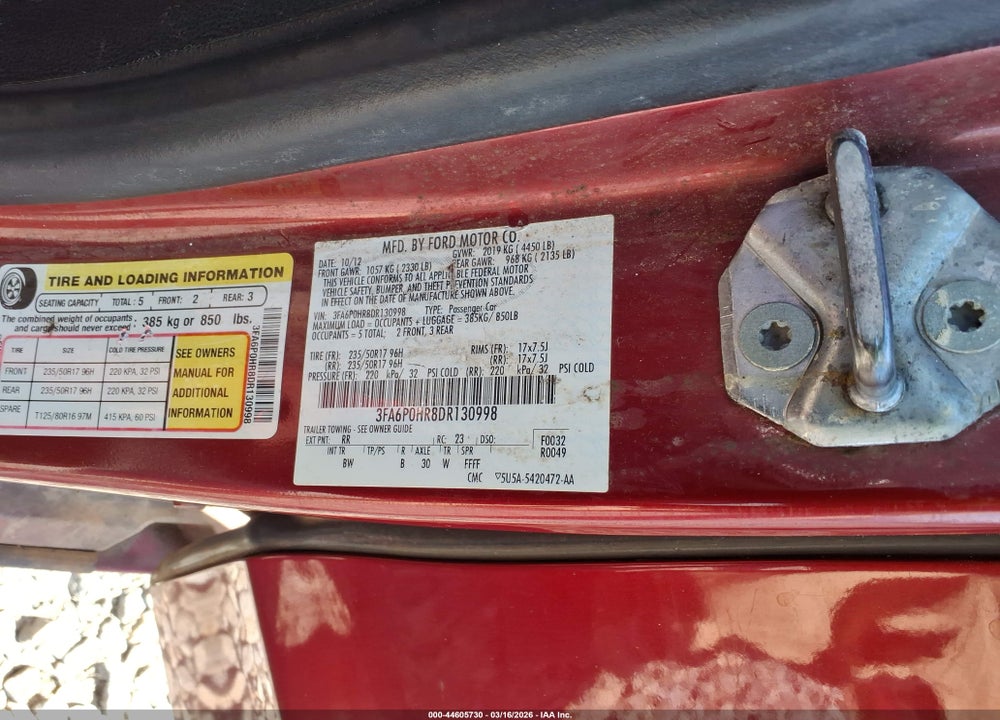 2013 FORD FUSION SE VIN: 3FA6P0HR8DR130998