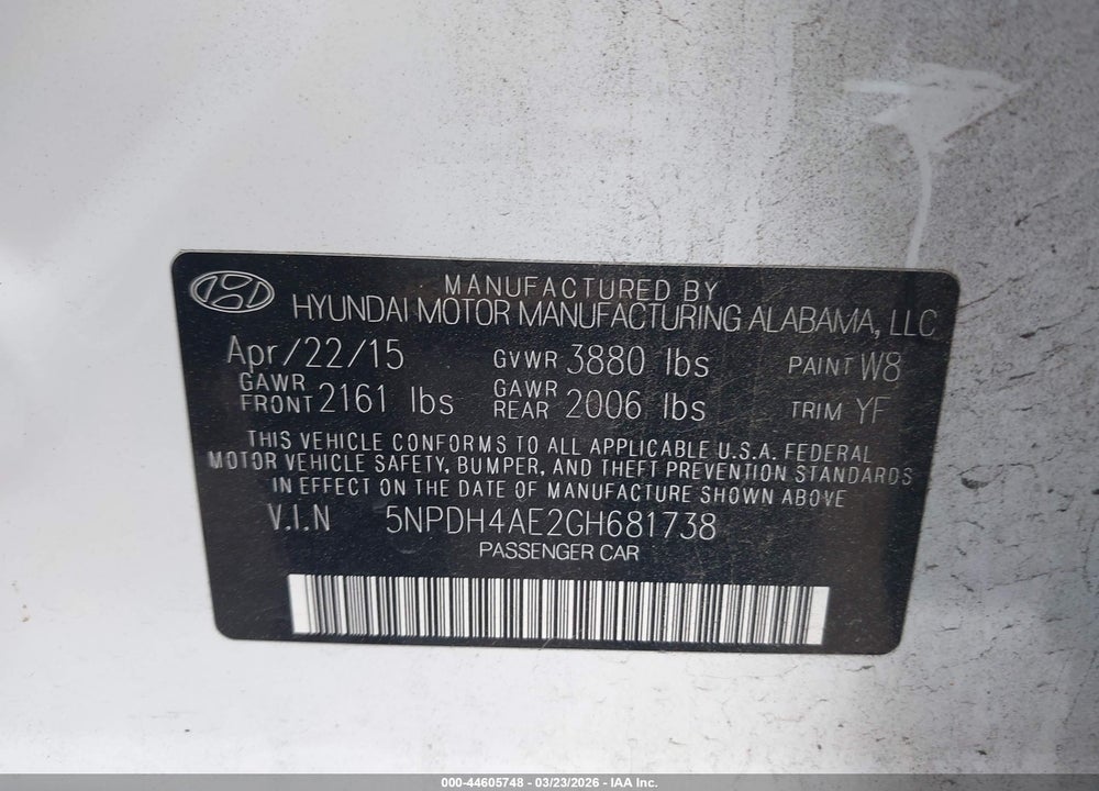2016 HYUNDAI ELANTRA SE VIN: 5NPDH4AE2GH681738