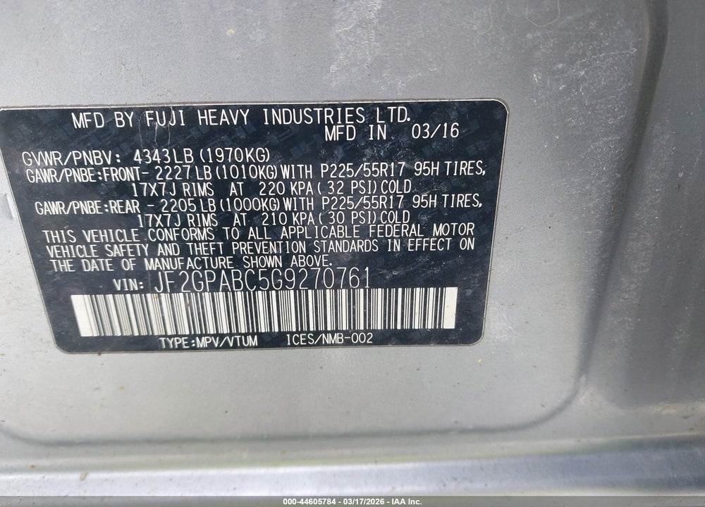 2016 SUBARU CROSSTREK 2.0I PREMIUM VIN: JF2GPABC5G9270761