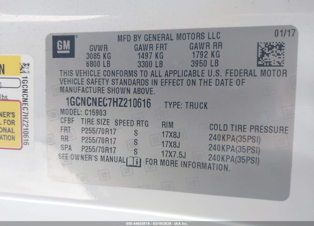 2017 CHEVROLET SILVERADO 1500 WT VIN: 1GCNCNEC7HZ210616