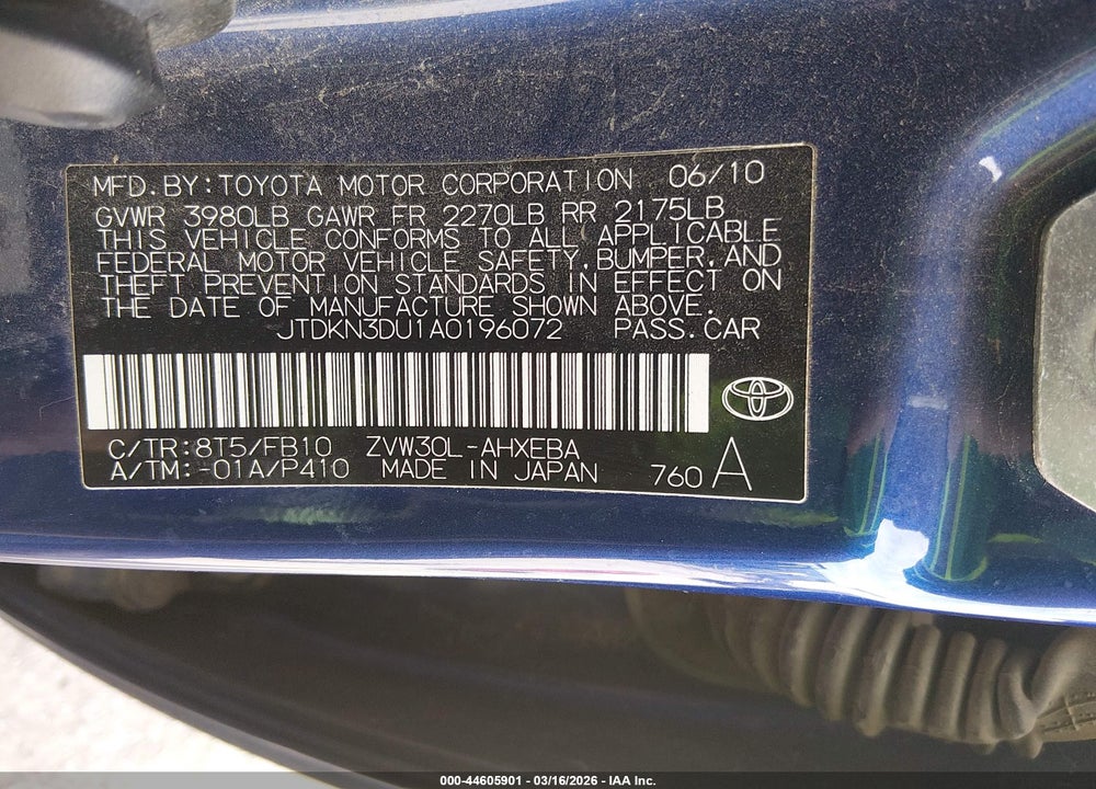 2010 TOYOTA PRIUS II VIN: JTDKN3DU1A0196072