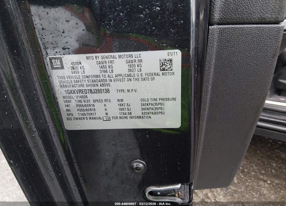 2011 GMC ACADIA SLT-1 VIN: 1GKKVRED7BJ280138