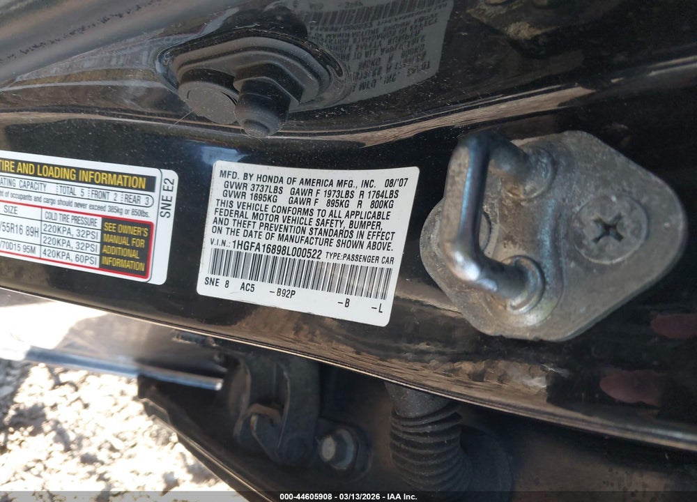 2008 HONDA CIVIC EX VIN: 1HGFA16898L000522