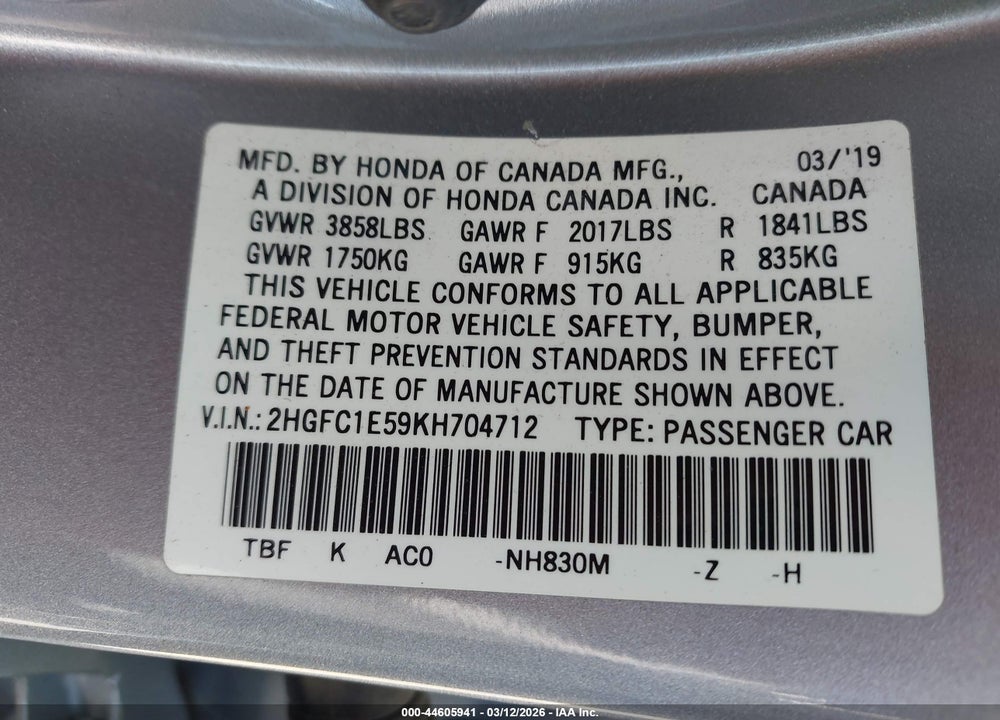 2019 HONDA CIVIC SI VIN: 2HGFC1E59KH704712