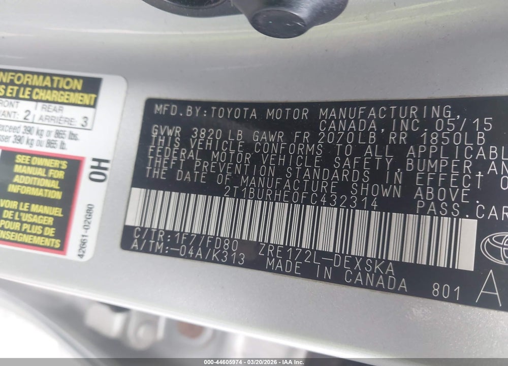 2015 TOYOTA COROLLA S PLUS VIN: 2T1BURHE0FC432314