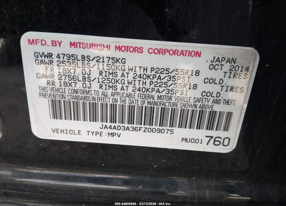 2015 MITSUBISHI OUTLANDER SE VIN: JA4AD3A36FZ009075