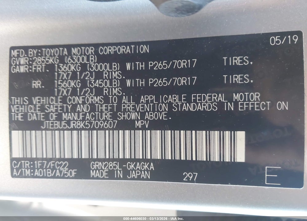 2019 TOYOTA 4RUNNER TRD OFF ROAD VIN: JTEBU5JR8K5709607