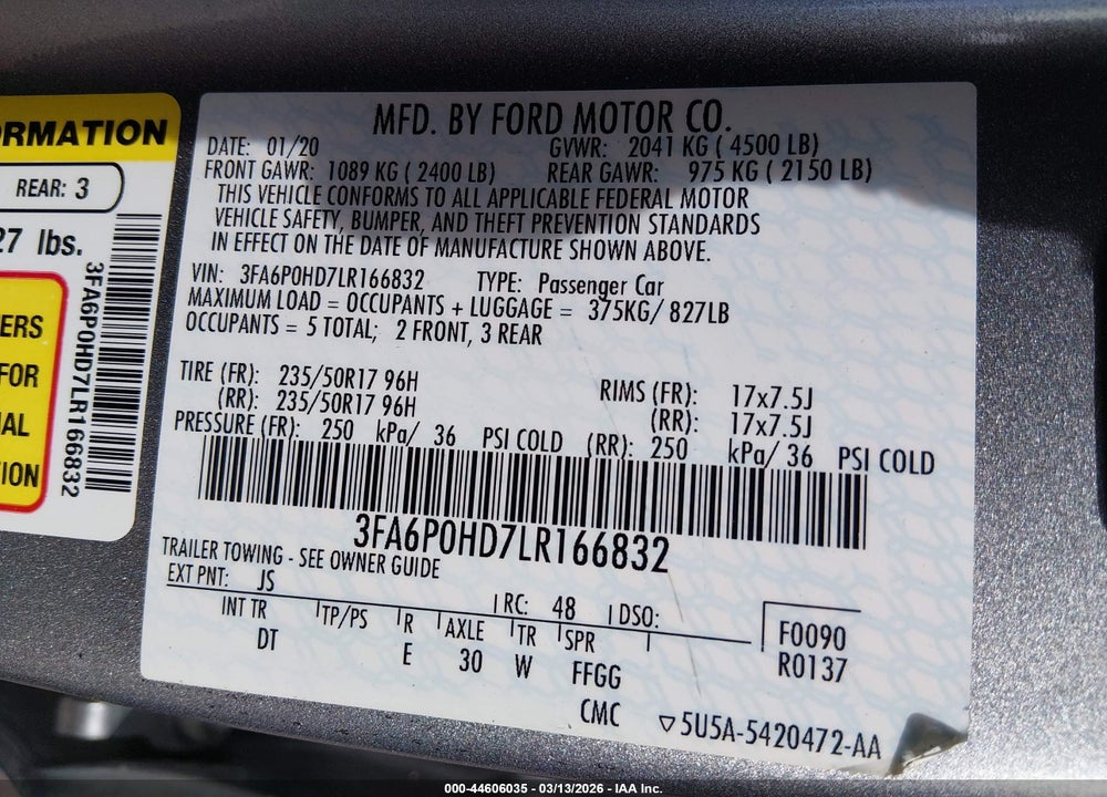2020 FORD FUSION SE VIN: 3FA6P0HD7LR166832