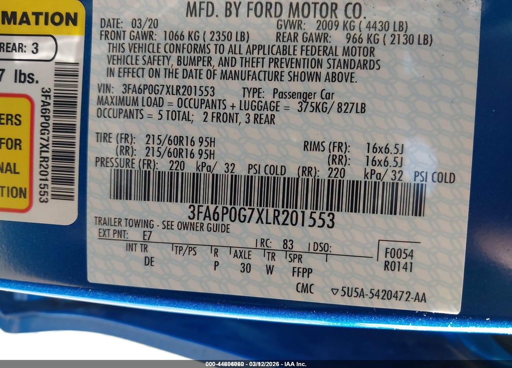 2020 FORD FUSION S VIN: 3FA6P0G7XLR201553