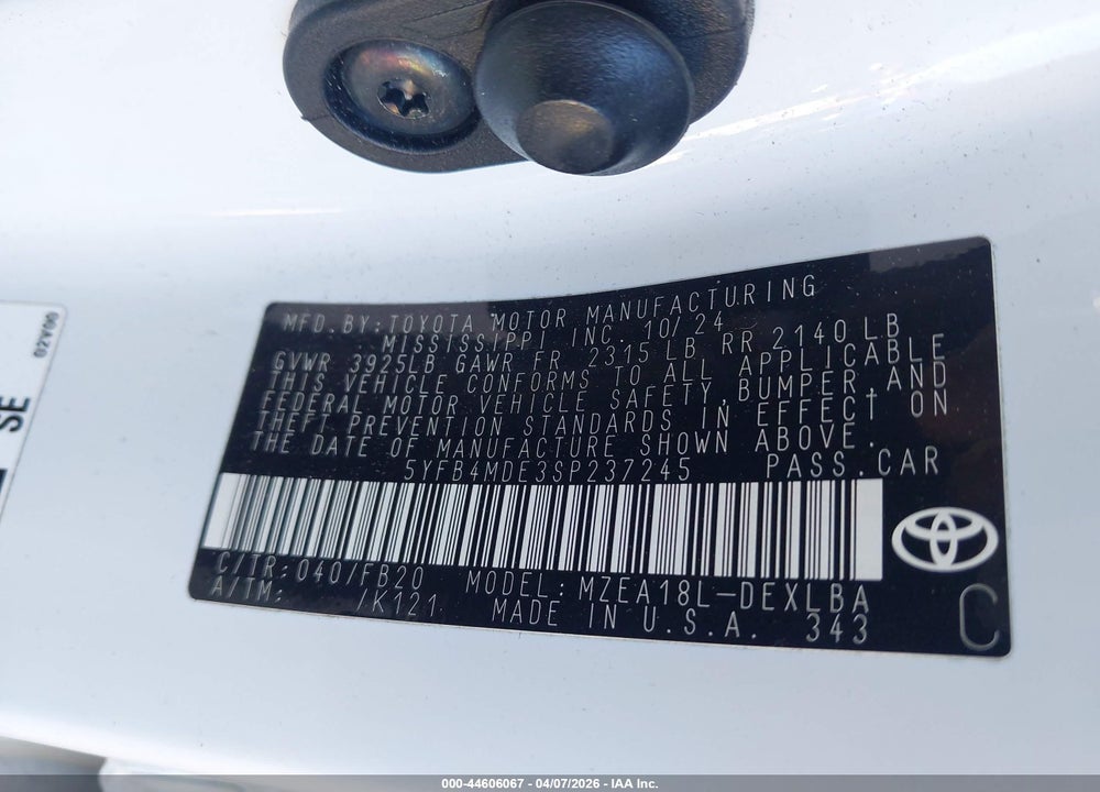 2025 TOYOTA COROLLA LE VIN: 5YFB4MDE3SP237245