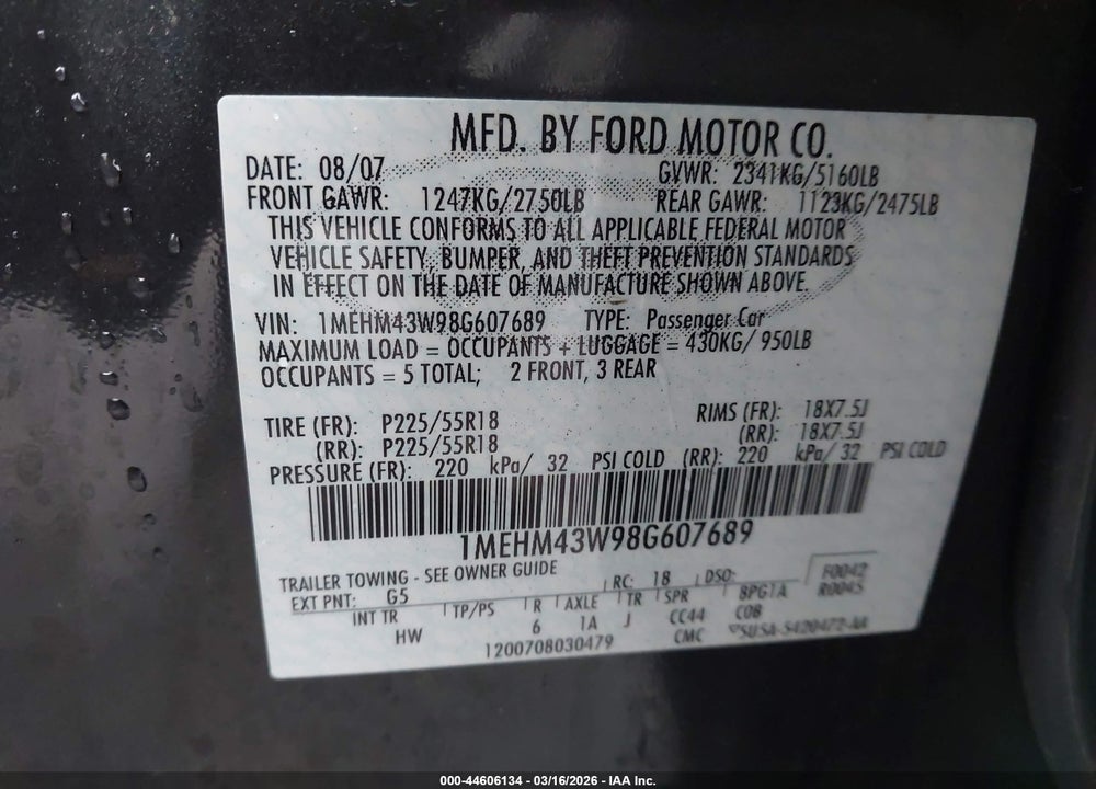 2008 MERCURY SABLE PREMIER VIN: 1MEHM43W98G607689
