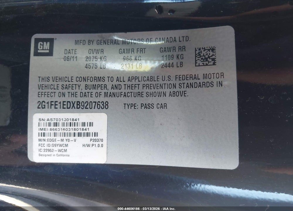 2011 CHEVROLET CAMARO 1LS VIN: 2G1FE1EDXB9207638