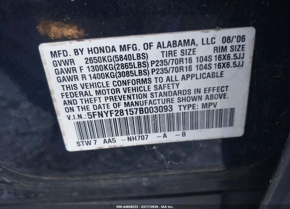 2007 HONDA PILOT LX VIN: 5FNYF28157B003093