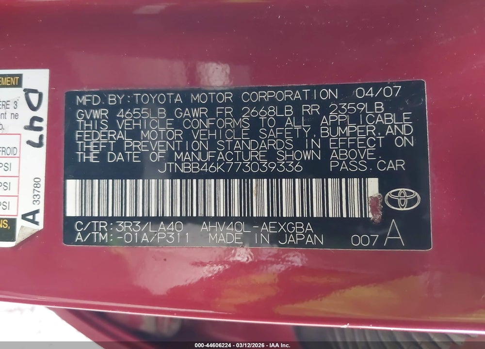2007 TOYOTA CAMRY HYBRID VIN: JTNBB46K773039336