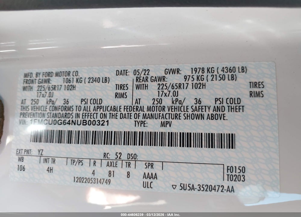 2022 FORD ESCAPE SE VIN: 1FMCU0G64NUB00321