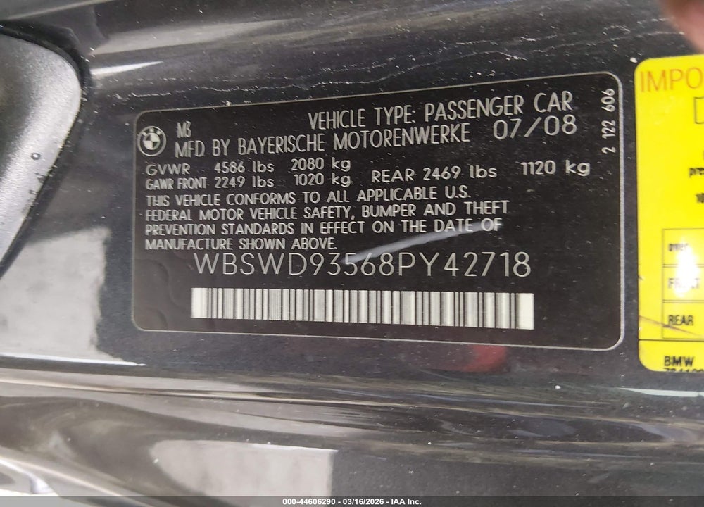 2008 BMW M3 VIN: WBSWD93568PY42718