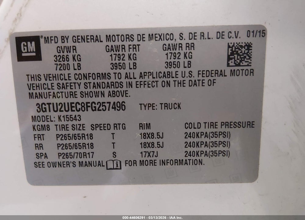 2015 GMC SIERRA 1500 SLE VIN: 3GTU2UEC8FG257496