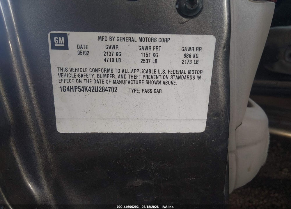 2002 BUICK LESABRE CUSTOM VIN: 1G4HP54K42U284702