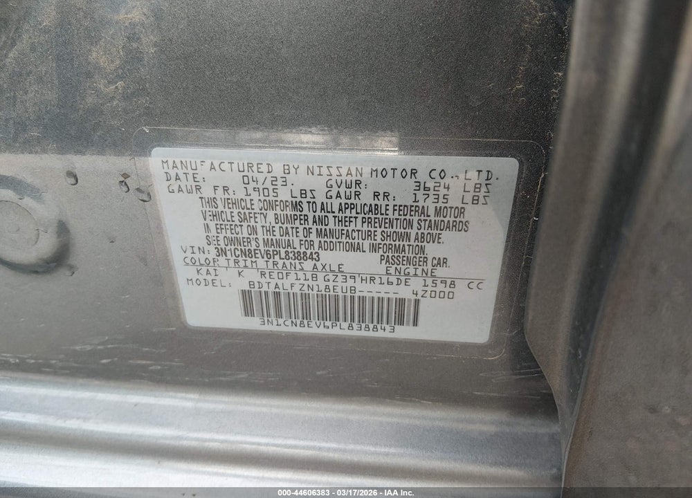 2023 NISSAN VERSA 1.6 SV XTRONIC CVT VIN: 3N1CN8EV6PL838843