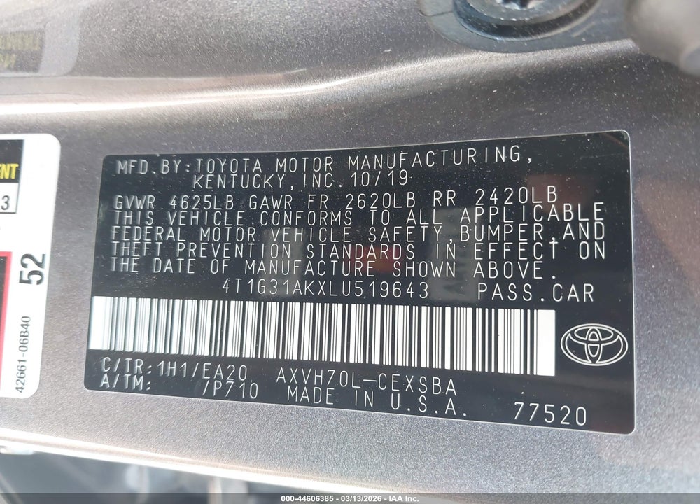 2020 TOYOTA CAMRY SE HYBRID VIN: 4T1G31AKXLU519643