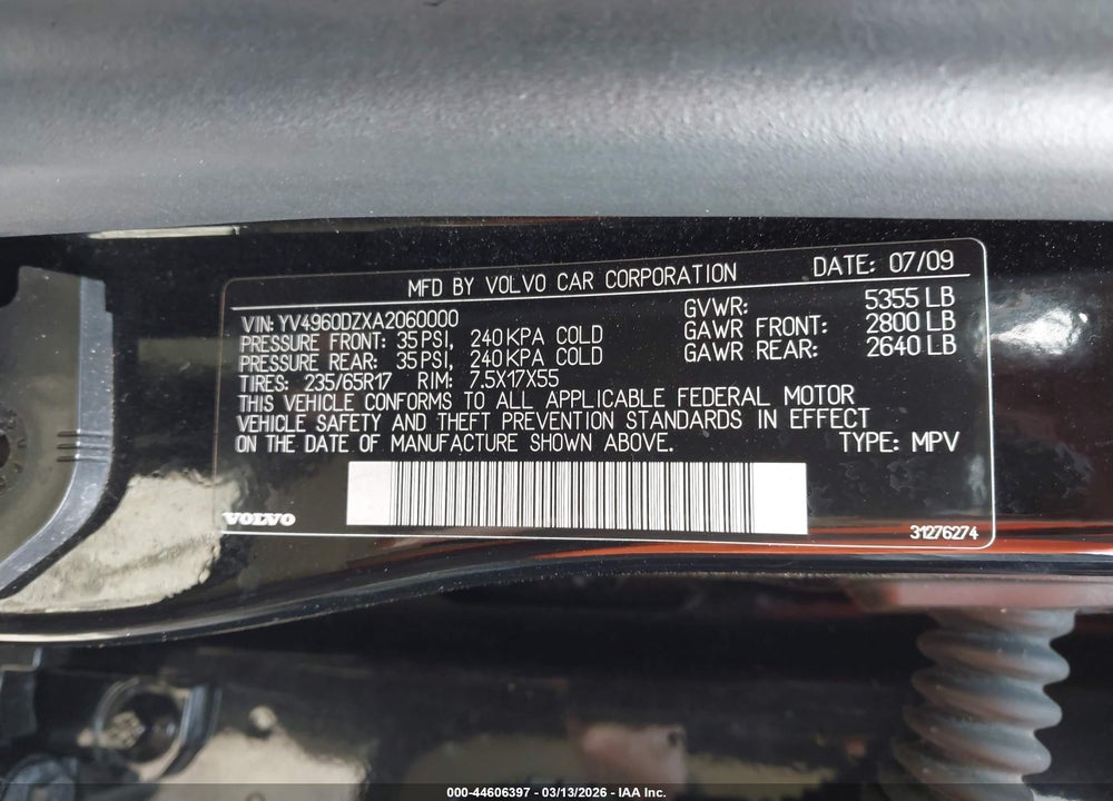 2010 VOLVO XC60 3.2 VIN: YV4960DZXA2060000