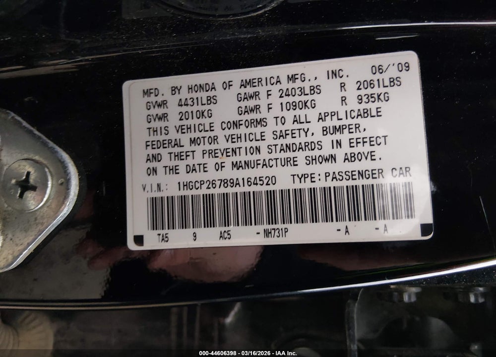 2009 HONDA ACCORD 2.4 EX VIN: 1HGCP26789A164520