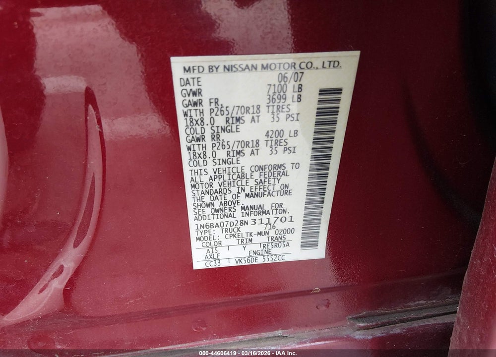 2008 NISSAN TITAN SE VIN: 1N6BA07D28N311701
