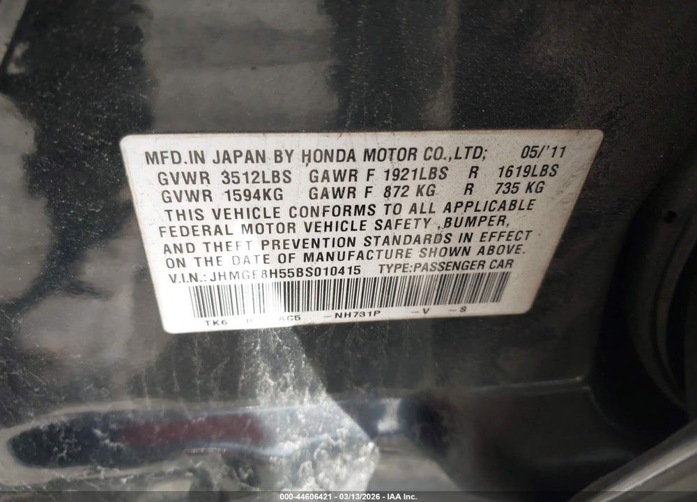 2011 HONDA FIT SPORT VIN: JHMGE8H55BS010415