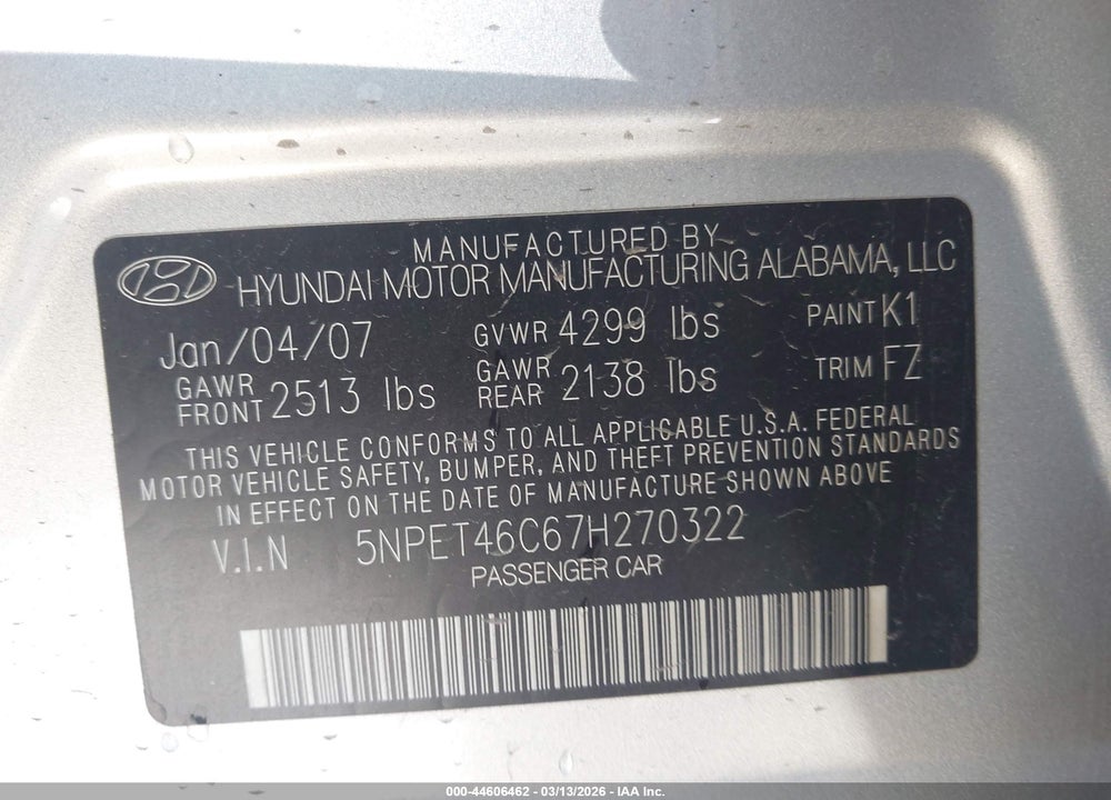 2007 HYUNDAI SONATA GLS VIN: 5NPET46C67H270322